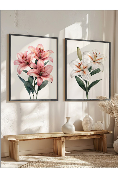 STARYUNA Tablou cu crin, set de 2 tablouri cu crini cu rama din lemn negru Yu...