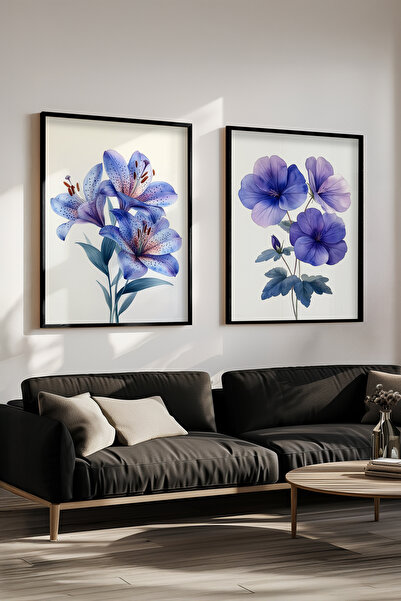 STARYUNA Set de 2 tablouri cu flori mov cu rama din lemn negru Yuna213