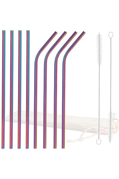 SERSIMO Set of 8 multicolor (holo) metal straws, reusable, with storage case and cleaning brush, 215x6 mm