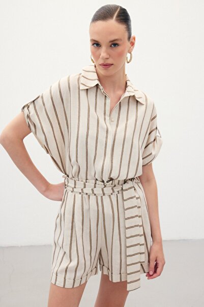 Sateen Kısa Kollu Keten Karışımlı Gömlek - Camel