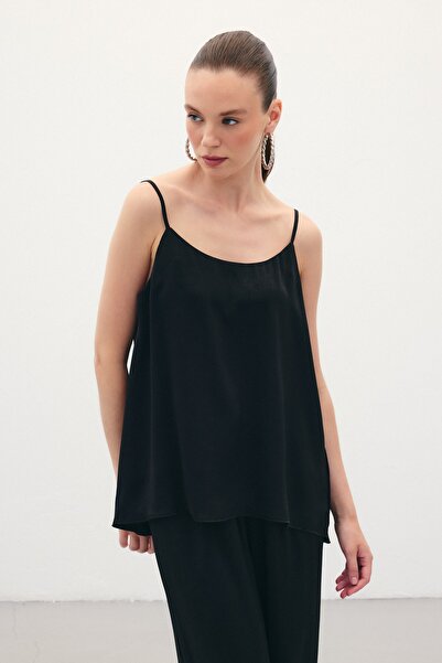 Sateen Askılı Saten Bluz - Siyah