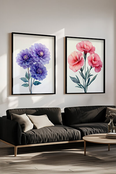 STARYUNA Ροζ μωβ ζωγραφική με λουλούδια, σετ 2 ζωγραφικών με μαύρο ξύλινο πλα...
