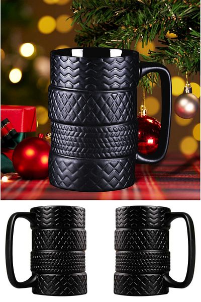 Wolawood Porcelain Production Matte Black Mug Cup Wheel Tire Design Creative Automobile Concept Gift