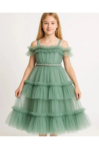 kent of kıds Girl's Strap Back Elastic Shoulder Detail Belted Skirt Tulle Lined Zipper Closure Evening Dress