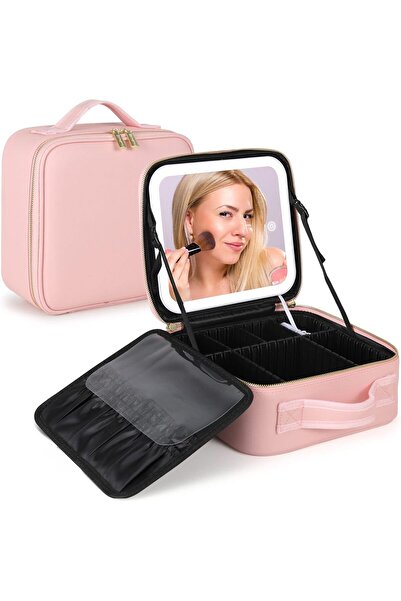 SUKILO حقيبة مكياج للسفر مع مرآة مطلية بالفضة بدقة 4K وإضاءة LED