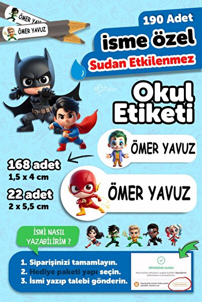 MSticker Okul Etiketi Kalem Defter isimli Etiket Isim Yazılabilen DC Karakter...