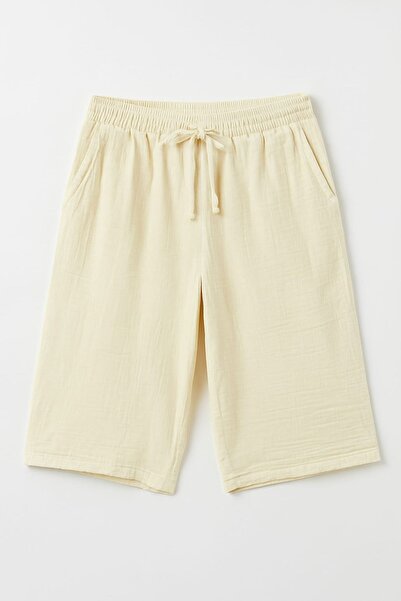 enmodaiçgiyim Cream Color Large Size 100% Cotton Muslin Fabric Knee Length Capri Women's Shorts