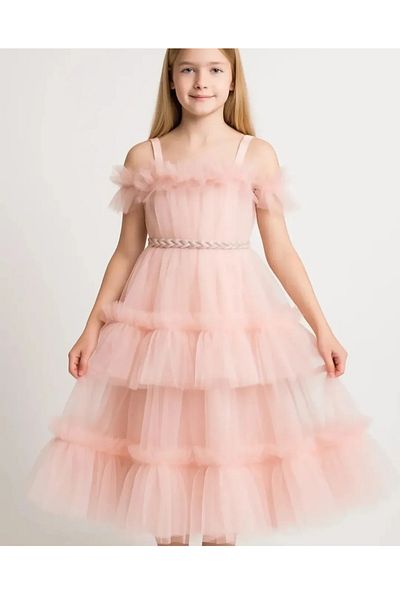 kent of kıds Girl's Strap Back Elastic Shoulder Detail Belted Skirt Tulle Lined Zipper Closure Evening Dress