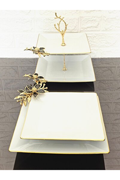 atabey home Porcelain 5 Piece Presentation Plate & Cookie Plate & Footed Presentation Plate Set Papatya Black Cast