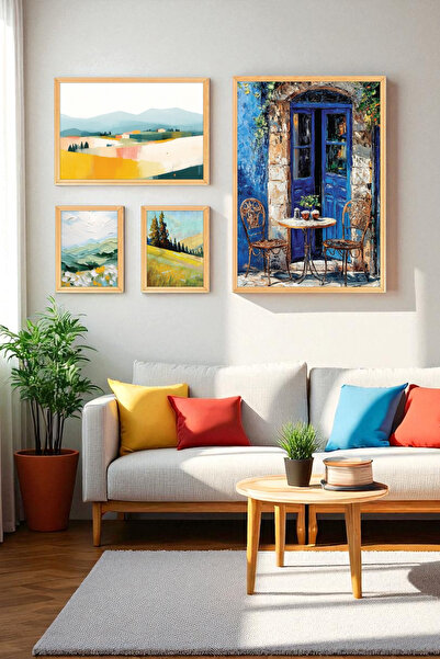 Muyika Design Akdeniz Temalı Ahşap Çerçeveli 4’lü Tablo Seti – PVC Korumalı D...