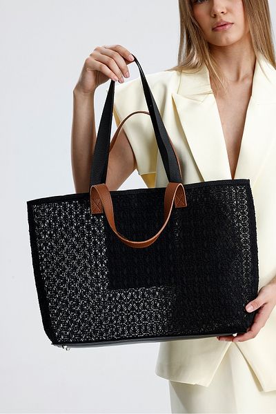 HEYBE'S Women's Black Lace Patterned Large Size Beach and Shopping Shopper Tote Shoulder Bag