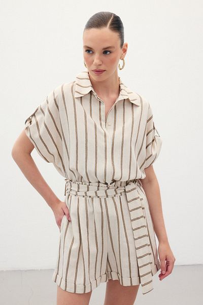 Sateen Short Sleeve Linen Blend Shirt - Camel