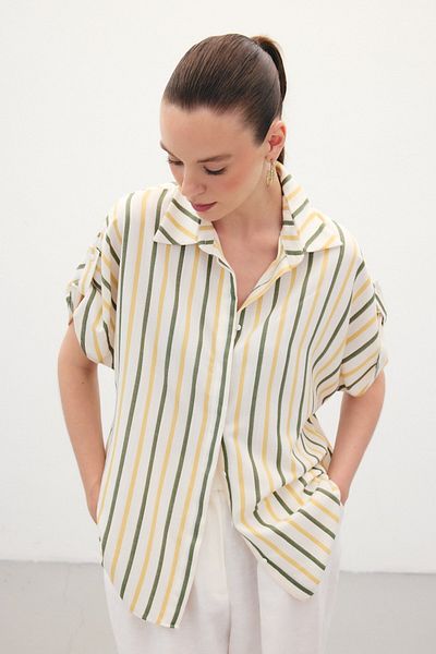 Sateen Linen Blend Striped Shirt - Khaki