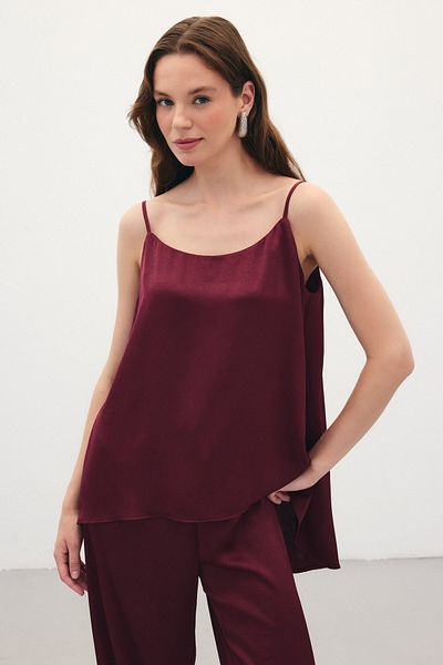 Sateen Satin Blouse with Strap - Burgundy