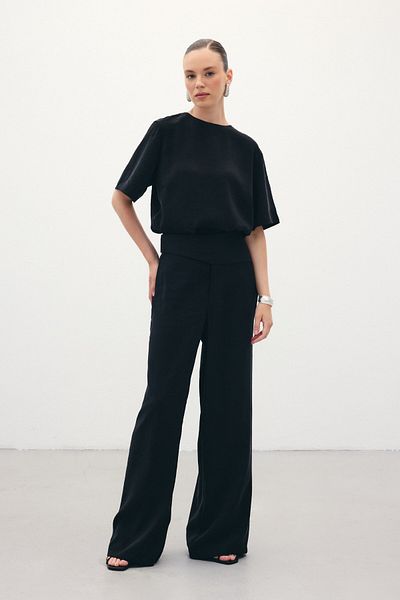 Sateen Modal Trousers with Belt Detail - Black
