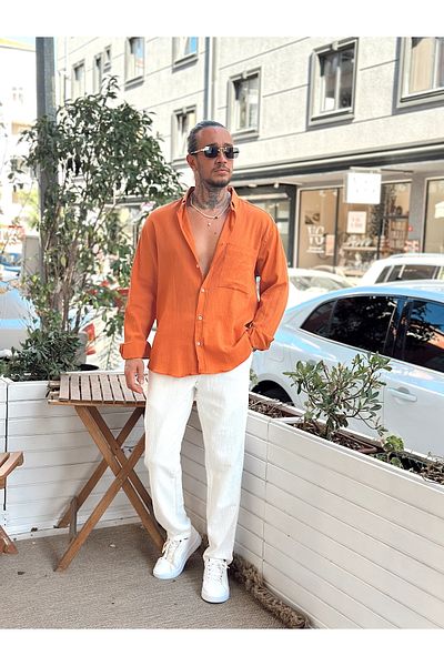 manch collection Oversize Crinkle Linen Shirt Orange