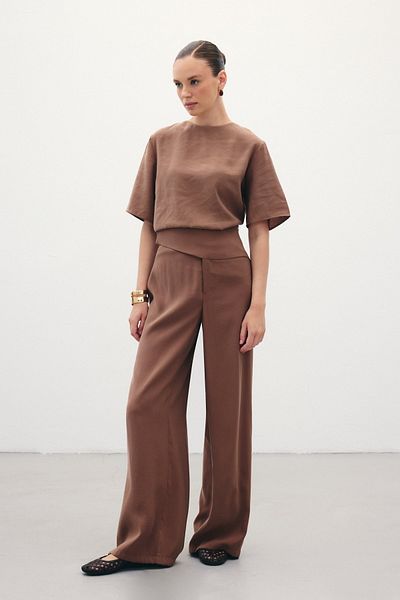 Sateen Belt Detailed Modal Trousers - Brown