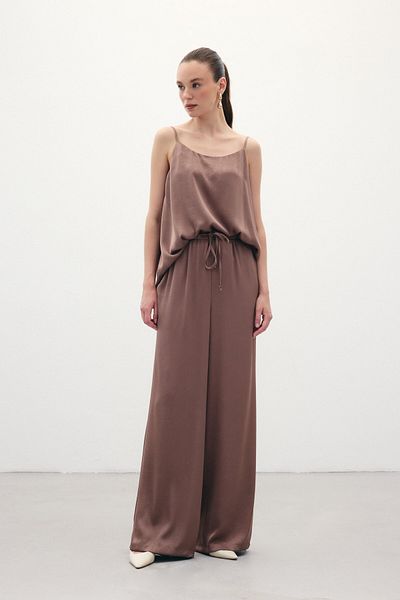 Sateen Lace-Up Casual Trousers - Brown