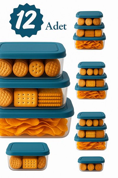 Herza House Set of 12 Rectangular Trendy Storage Containers 1200 ml - 740 ml - 400 ml
