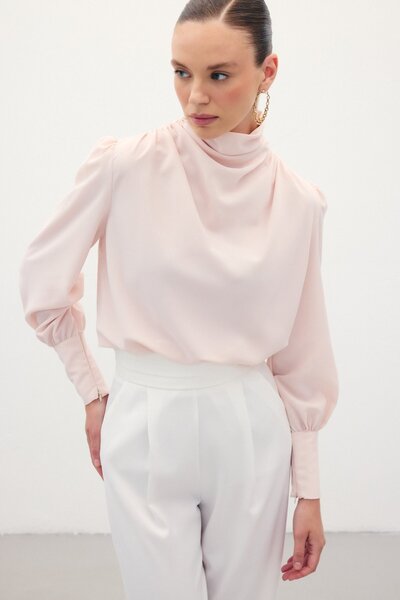 Sateen Μπλούζα με λεπτομέρεια ντραπέ - Πούδρα