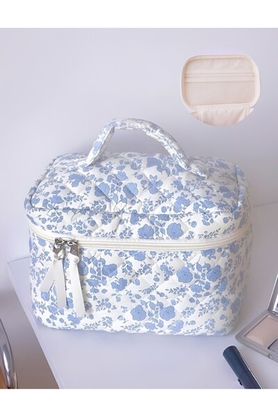 SELY Mavi Çiçekli Makyaj Çantası