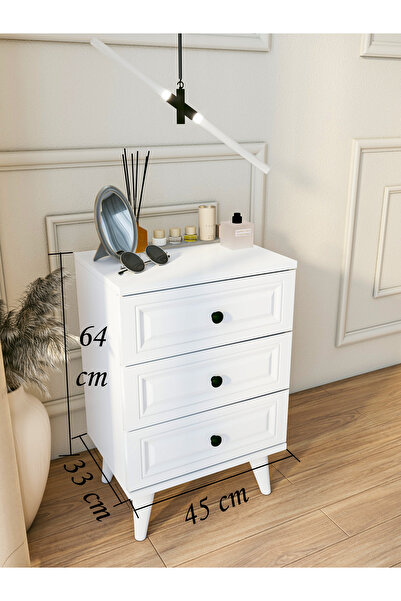 MONTENERO Komodin Parlak Beyaz 3 Çekmeceli Country Komodin Yatak Odası