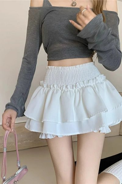 Wisevelya White Ruffled Waisted Mini Skirt with Tiered Shorts