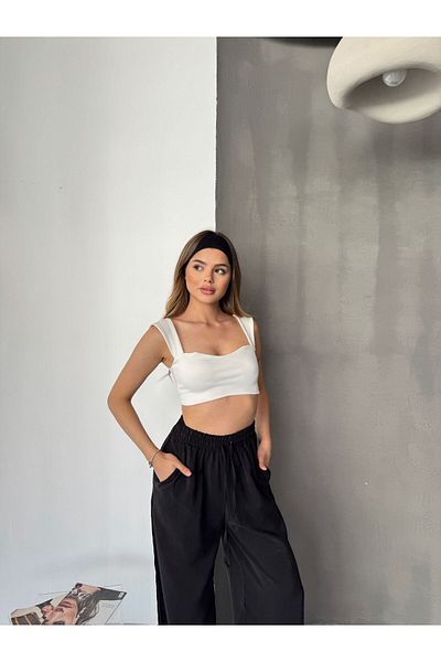 NEAR Women's Black Wide Leg Pants – Elastic & Laced Waist, Soft Texture