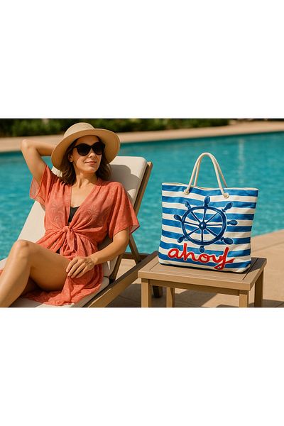 Lio20 Women's Strap Colorful Patterned Pool Holiday Beach Bag-Polyester-Blue White Striped Ship's Rudder Model