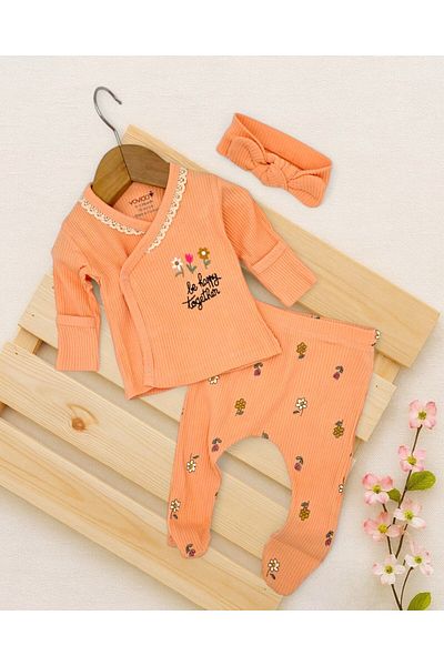 Ege Bebek Baby Girl 0-3 Months Flower Embroidery Detailed, Self-Gloves, Bandana 3 Piece Hospital Release Bodysuit S