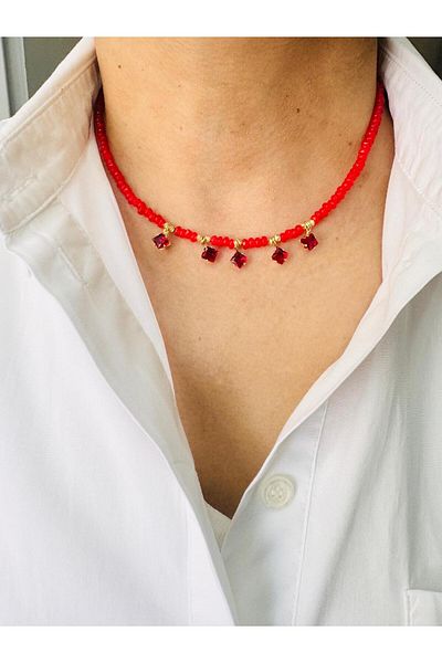 DEVİ fashion Red Natural Stone Design Necklace 43 cm