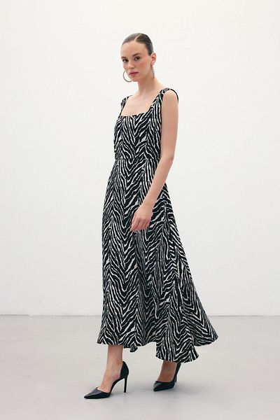 Sateen Square Neck Zebra Patterned Dress - Black