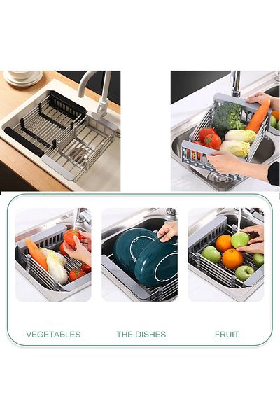 SUKILO Stainless Steel Vegetables Draining Rack, Telescopic Adjustable Drying Dish Rack for Kitchen