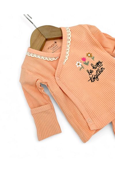 Ege Bebek Baby Girl 0-3 Months Flower Embroidery Detailed, Self-Gloves, Bandana 3 Piece Hospital Release Bodysuit S