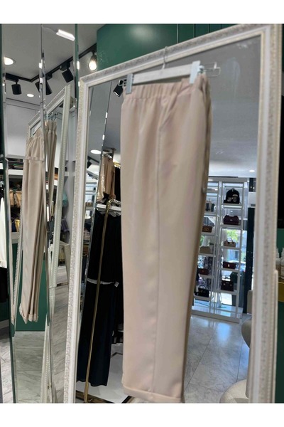 MERAM BUTİK Huma Fabric Pants with Folded Legs - Beige - 40
