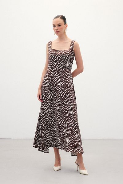 Sateen Square Neck Zebra Patterned Dress - Brown