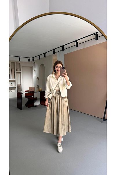 Sezgi Tekin Waist Elastic Wrinkled Texture Satin Midi Stone Skirt