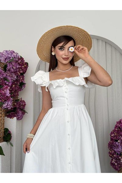 Julishop Slim Fit Square Neckline Buttoned Premium Dress with Lining