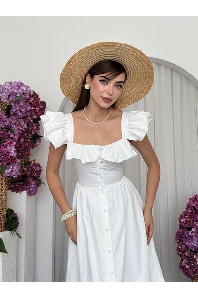 Julishop Slim Fit Square Neckline Buttoned Premium Dress with Lining