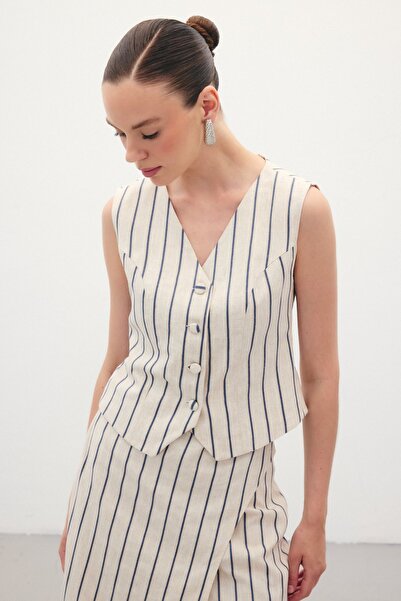 Sateen Смугастий жилет з суміші льону - темно-синій