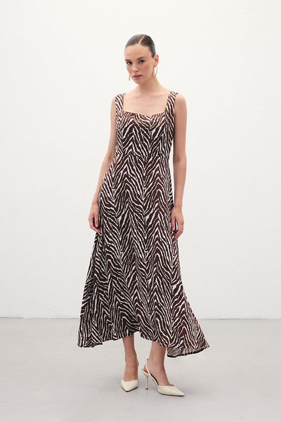 Sateen Square Neck Zebra Patterned Dress - Brown