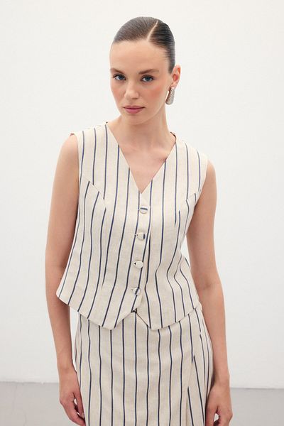 Sateen Striped Linen Blend Vest - Navy Blue