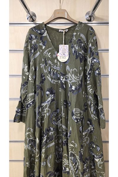 Park Moda Italian Linen Long Dress Shawl Pattern V-Neck