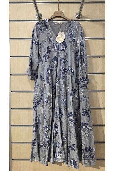 Park Moda Italian Linen Long Dress Shawl Pattern V-Neck