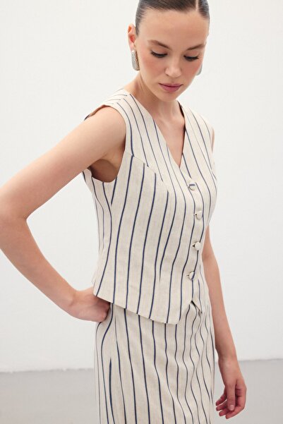 Sateen Смугастий жилет з суміші льону - темно-синій