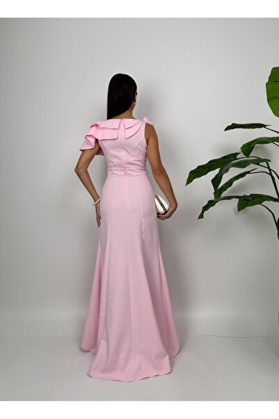 maf collection Γυναικείο ροζ λουλουδάτο ντραπέ Λεπτομέρεια Μακρύ βραδινό φόρεμα επιστροφής στο σπίτι