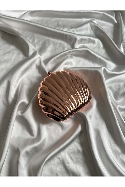 (Deniz Kabuğu) İstiridye Formlu Zincir Detaylı Abiye, Düğün, Özel Gece Çantası Rose Gold