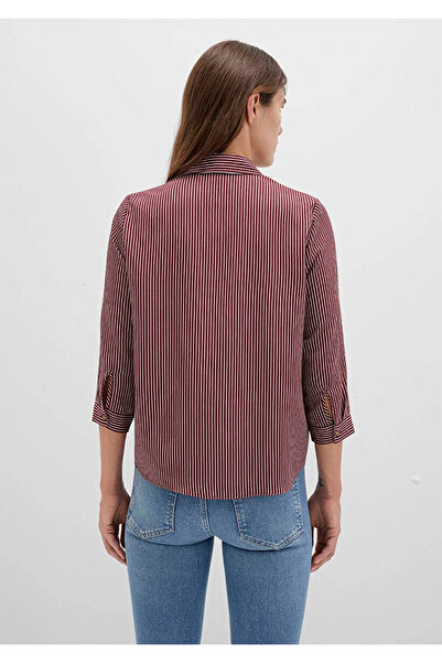 Mavi Düğme Detaylı Çizgili Bordo Kadın Bluz M122400-88614