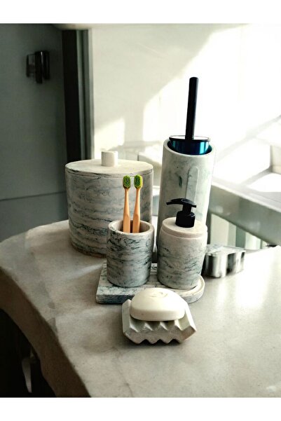 Trust Stone Yeşil Mermer Desen Beton Banyo Seti,Çöp Kovasi,Fırçalık,Katı,Sıvı...