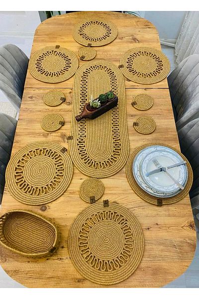 sfb 14 Piece Jute Serving Set Supla Coaster Bread Basket Handmade Natural Table Decor Set